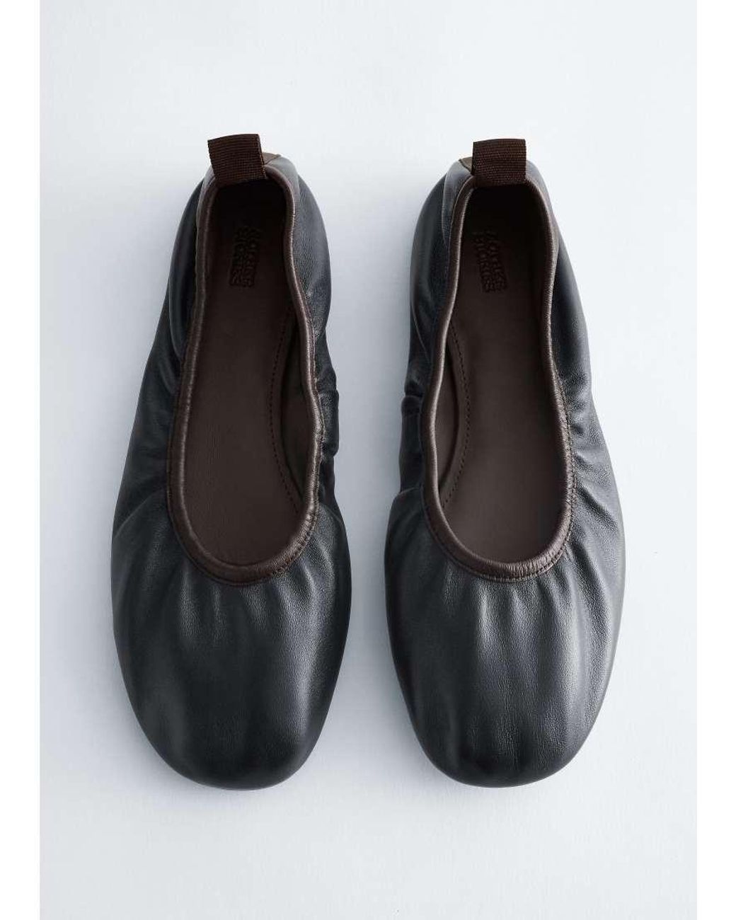 & Other Stories Black Leather Ruched Ballet Flats