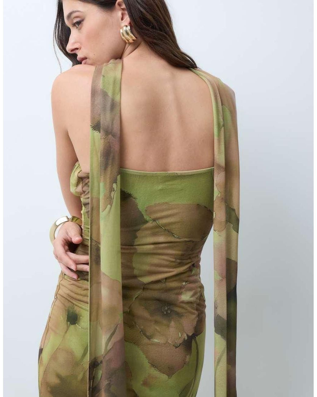 ASOS Green Ruched Bust Floral Printed Strappy Maxi Dress With Scarf Detail