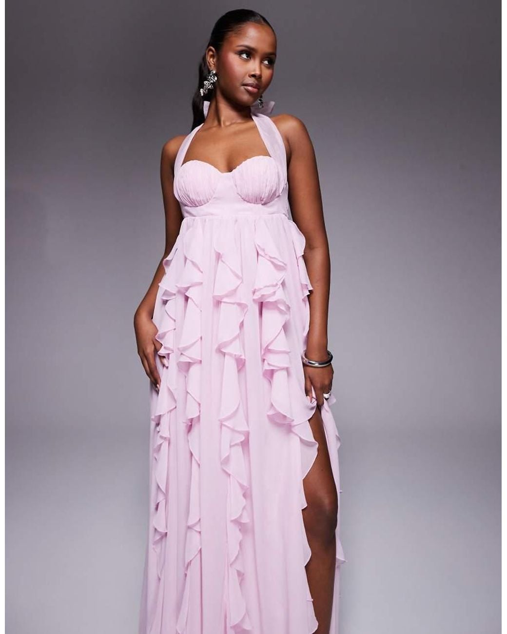 asos luxe organza ruched halter neck maxi dress With Waterfall Ruffles in Purple bridesmaiddress