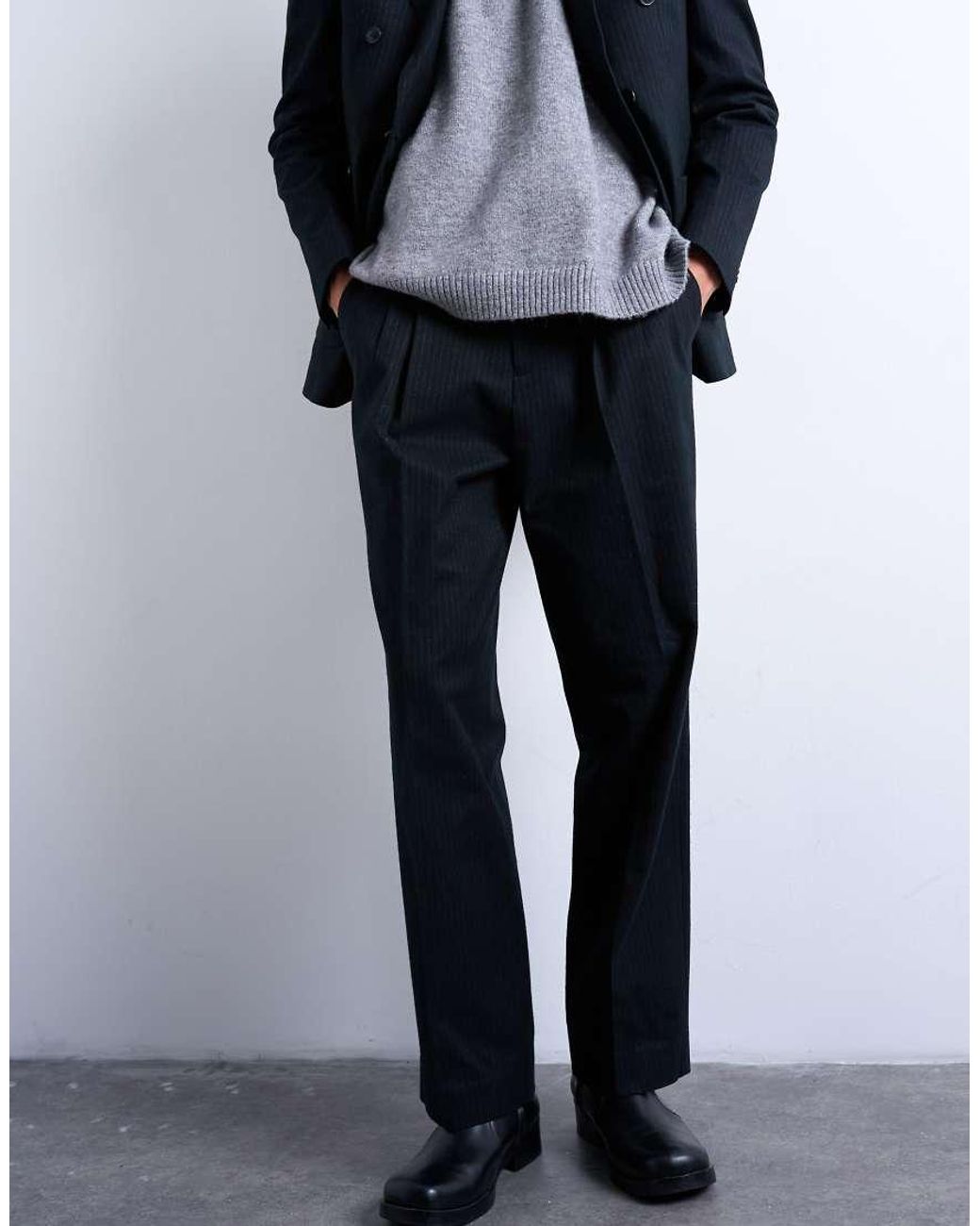 Topman Blue Wool Blend Wide Leg Striped Suit Trouser for men