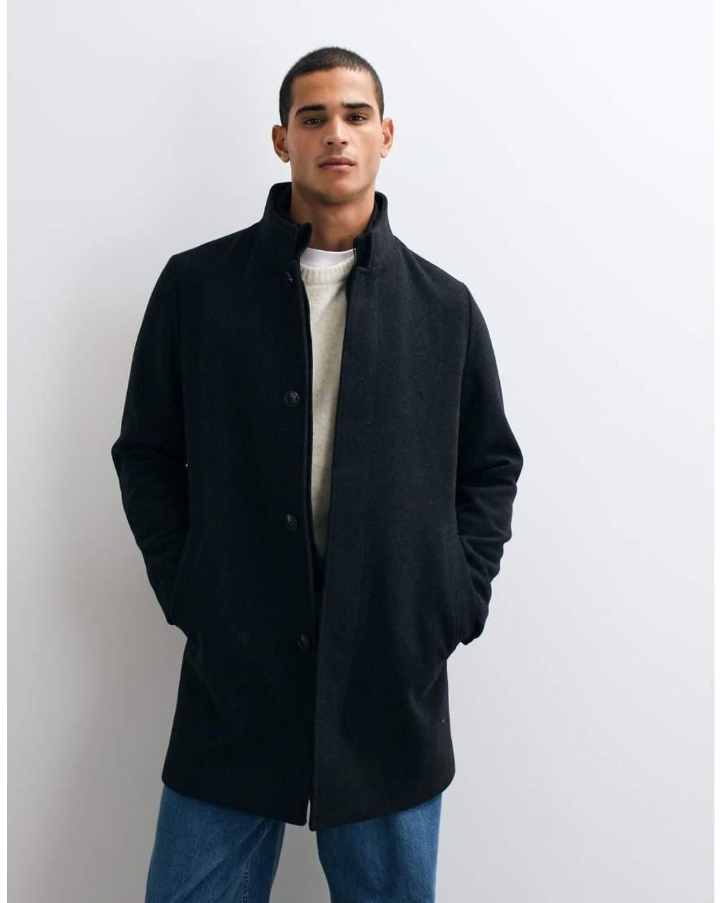 Jack & Jones Blue Wool Blend Coat With High Collar for men