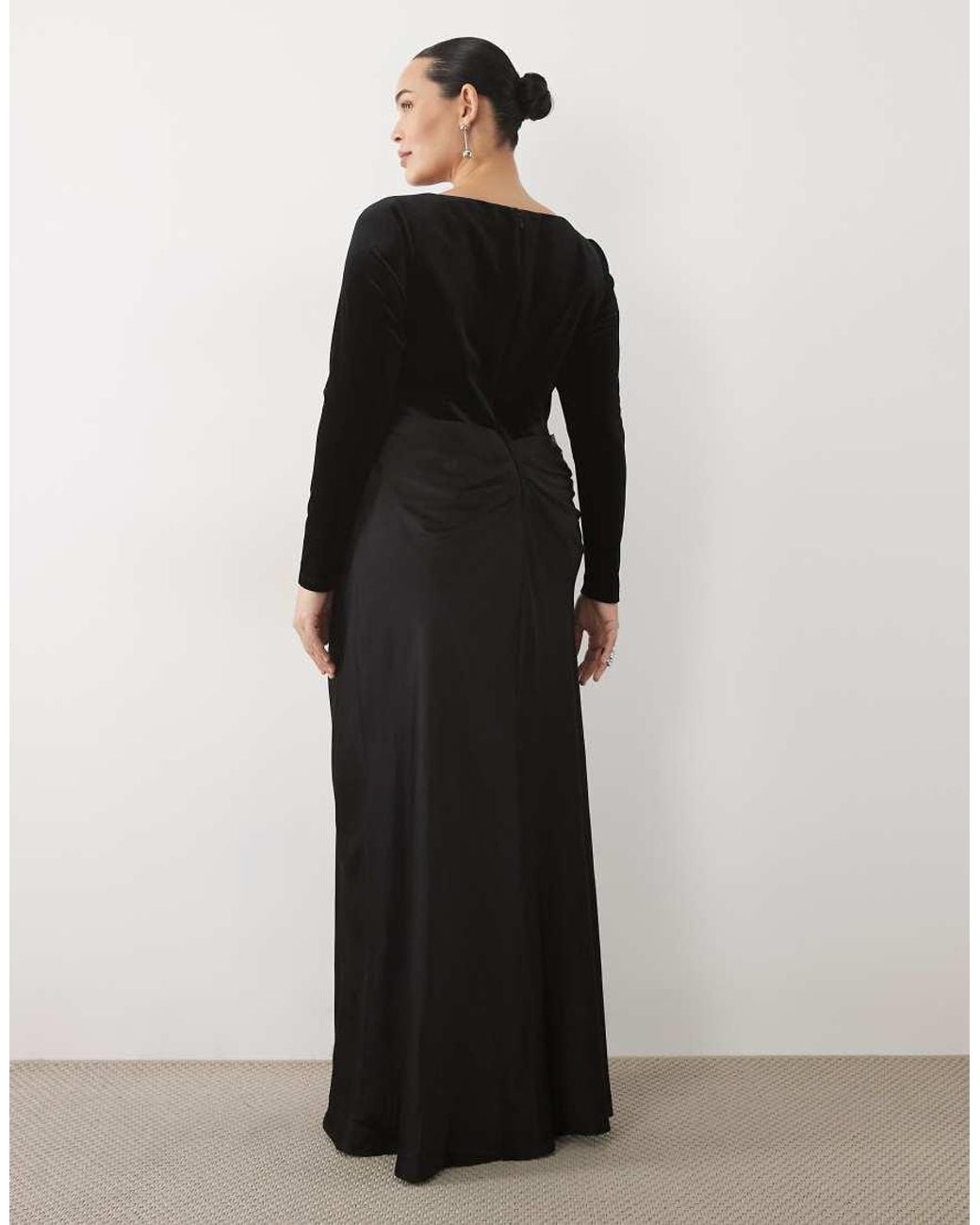 Forever New Black Velvet Slash Neck Draped Satin Waist Maxi Dress