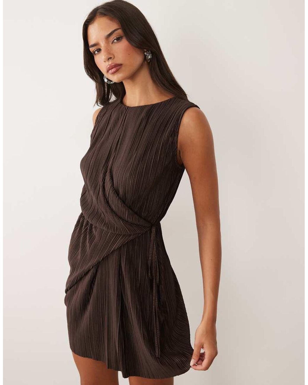 ASOS Natural Plissé Sleeveless Wrap Tie Front Mini Dress