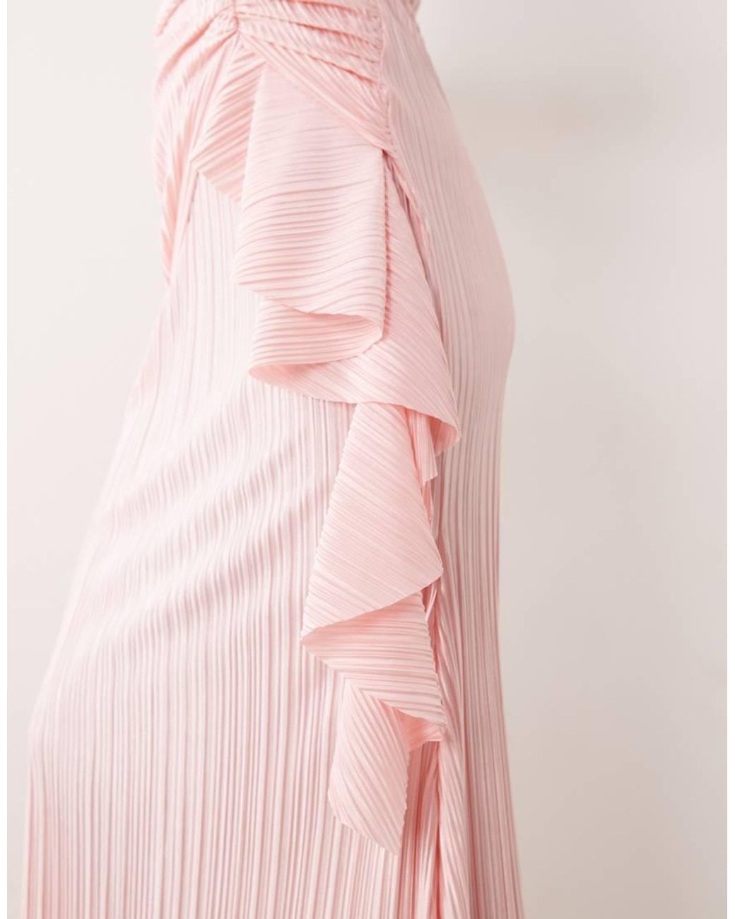 ASOS Pink Ruched Side Plisse Maxi Dress With Frill Detail