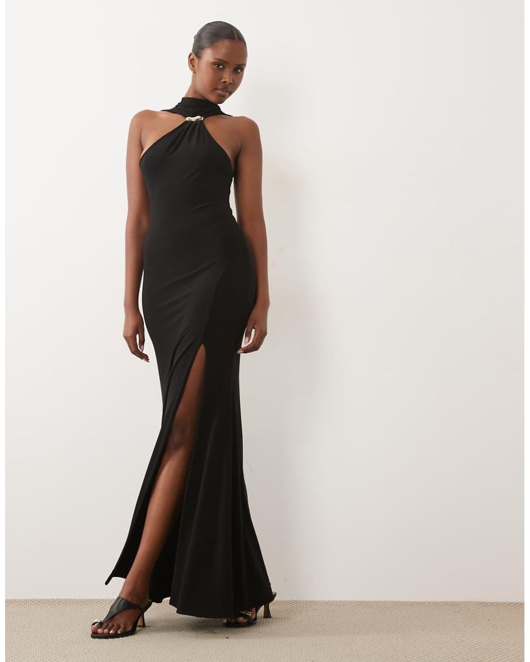 ASOS Black Hardware Detail High Neck Cutaway Slinky Maxi Dress