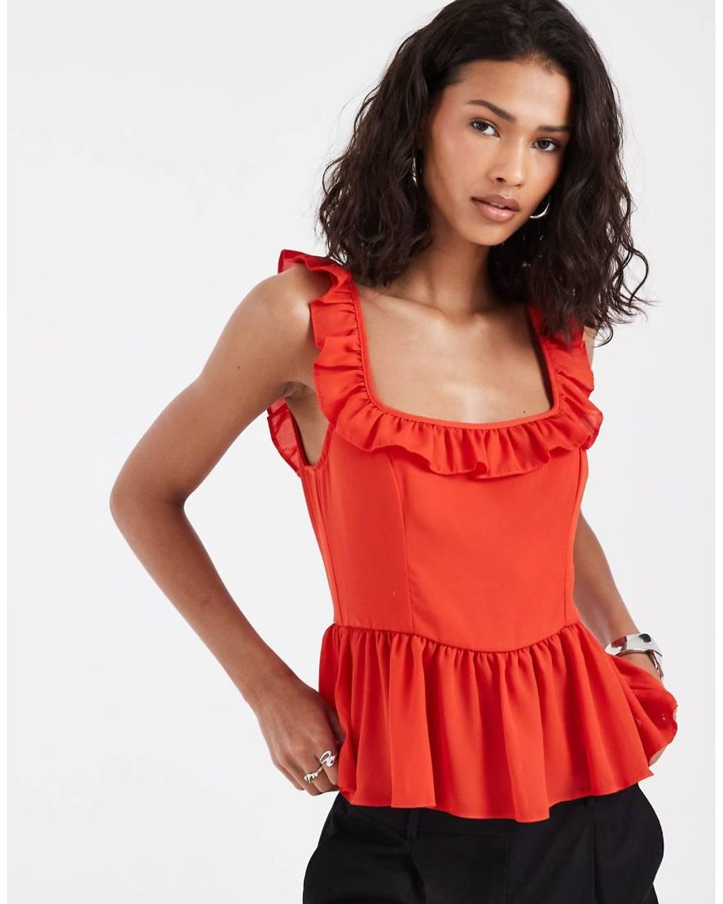 ASOS Red Chiffon Ruffle Detail Top