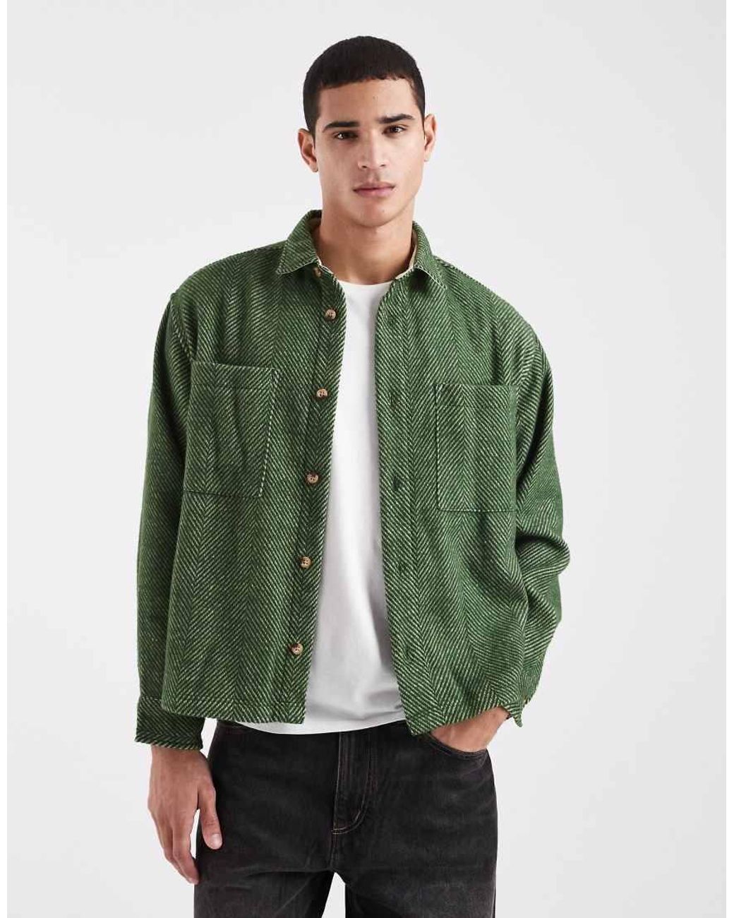 ASOS Green Boxy Oversized Wool Blend Herringbone Shirt for men
