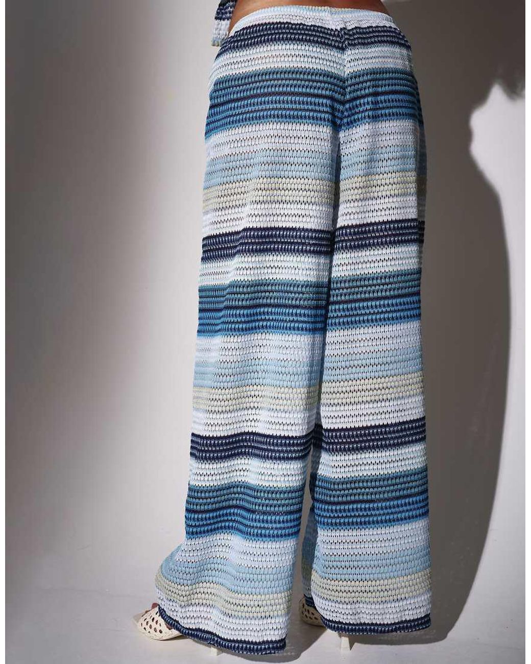 South Beach Blue Crochet Striped Wide Leg Trousers