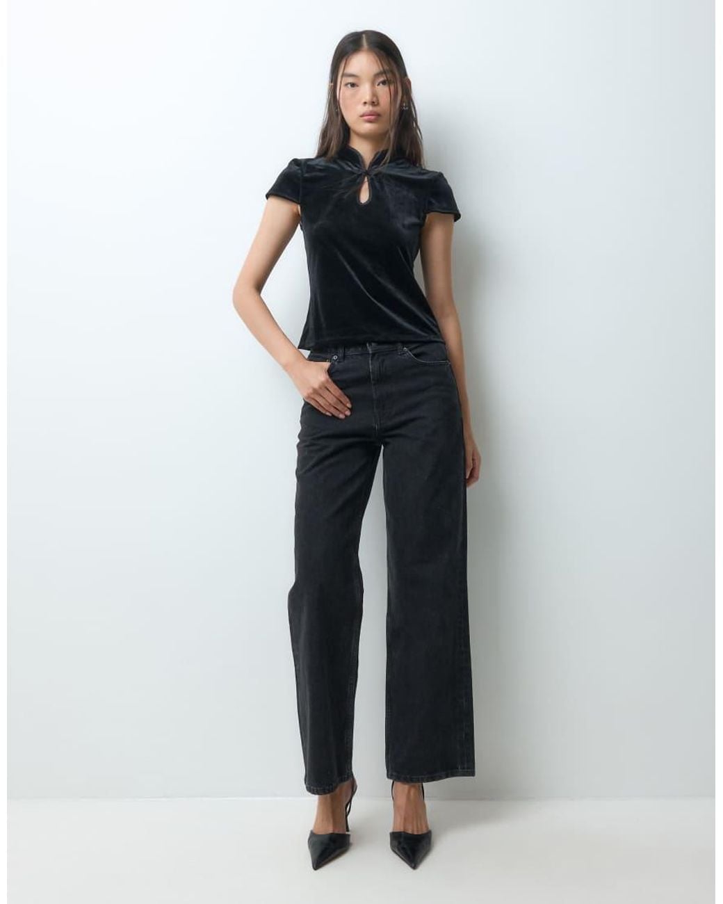 ONLY Black Stand Up Collar Short Sleeve Velvet Top