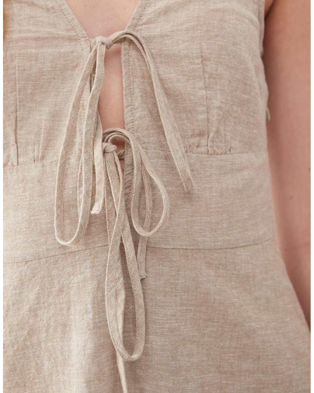 Monki Natural Linen Mini Dress With Tie Front Detail
