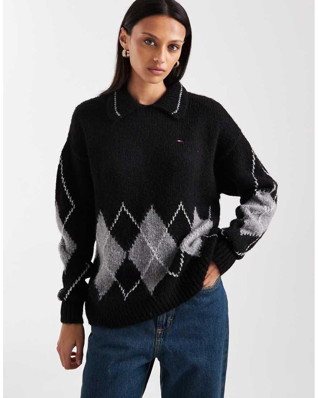 Tommy Hilfiger Black Argyle Knit Polo Jumper