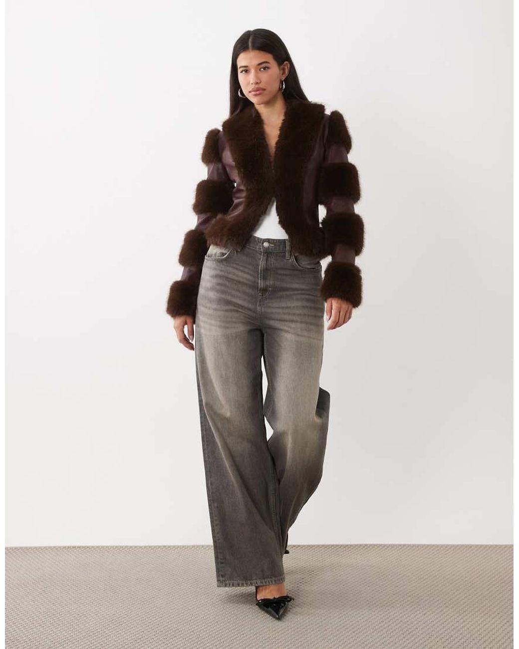 I.AM.GIA Brown Vrai Textured Leather Look Panelled Faux Fur Trim Fitted Jacket