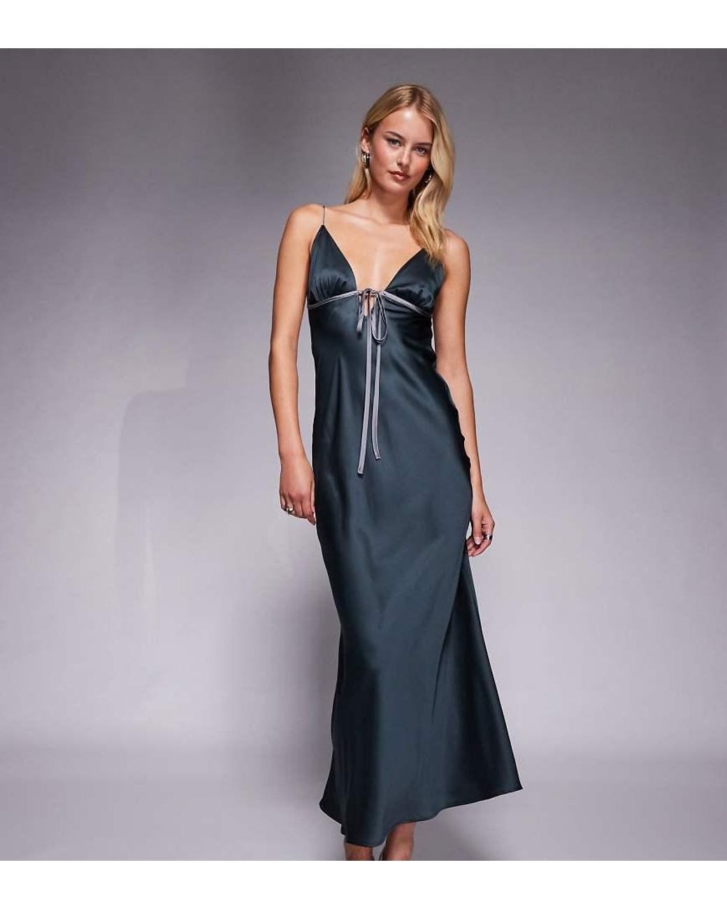 knee length dresses for ladies Rent ASOS DESIGN Embroidered Satin Midi Dress With Frill Waist In Navy