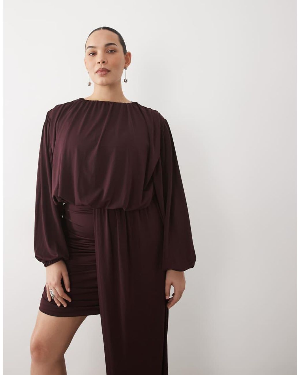 Pretty Lavish Curve Brown Jersey Blouson Sleeve Draped Sash Detail Mini Dress
