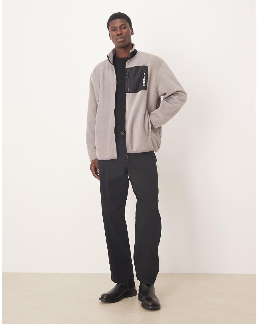ASOS Natural Relaxed Fleece Zip Through With Nylon Pocket for men