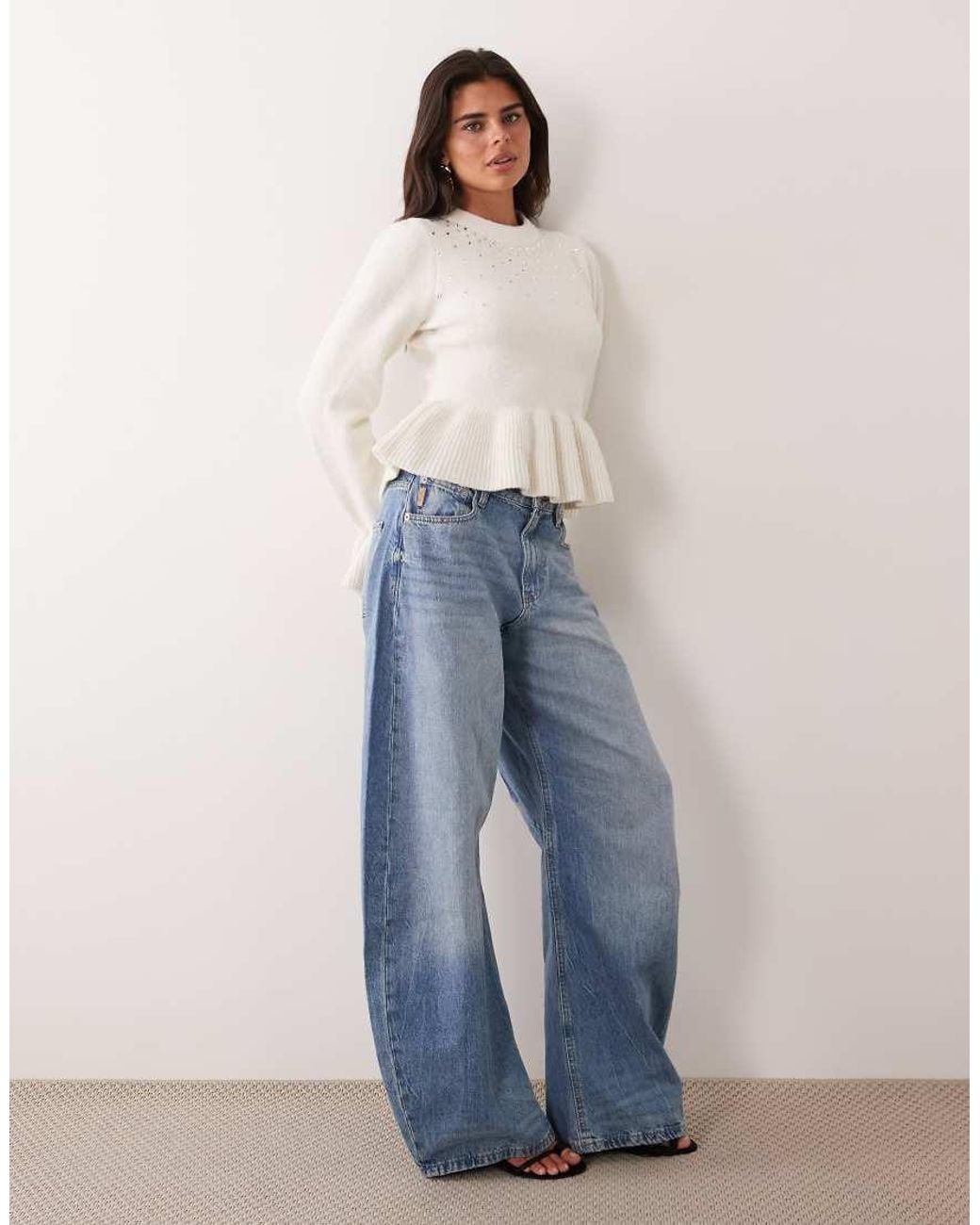 Miss Selfridge Natural Knitted Jumper With Peplum Hem And Embellishment