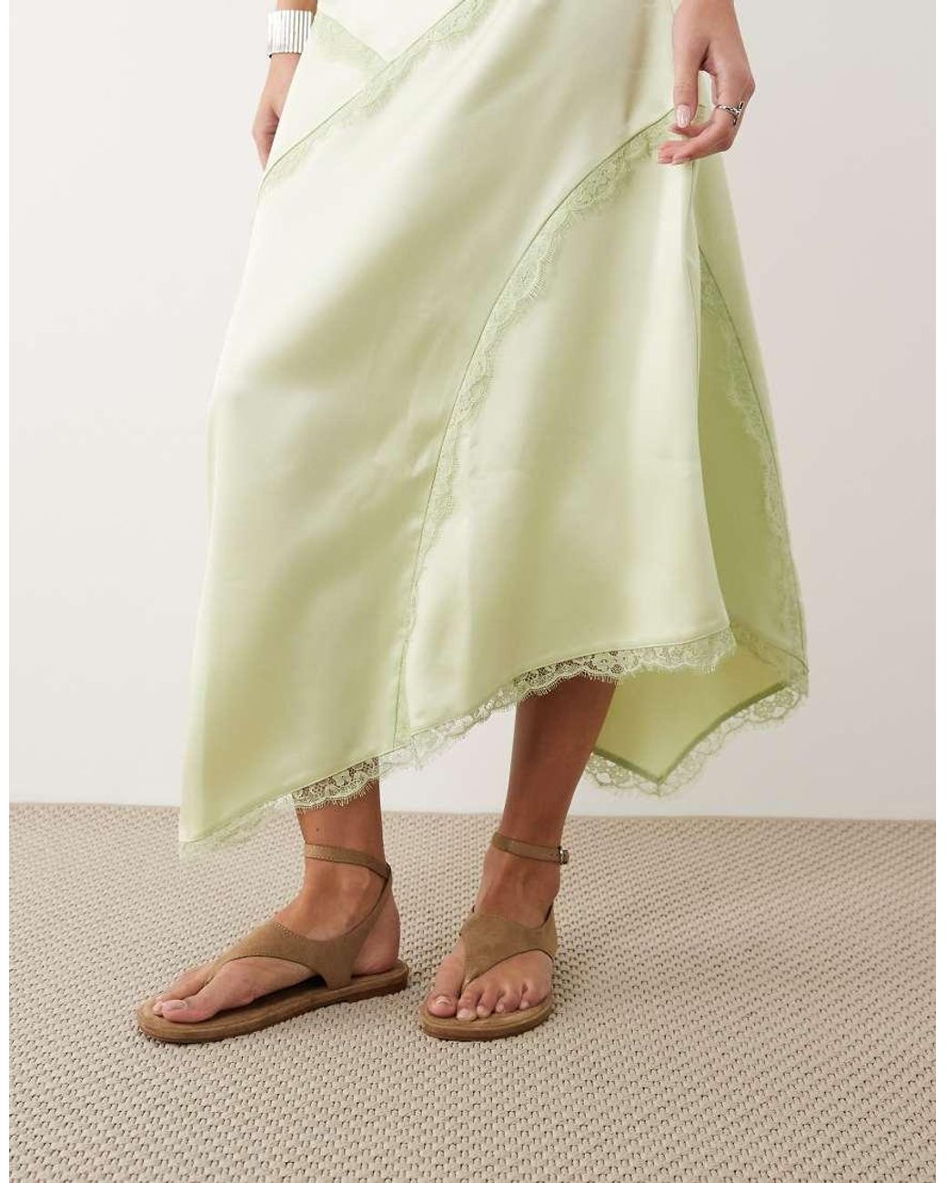 ASOS Green Satin Asymmetric Maxi Skirt With Lace Detail