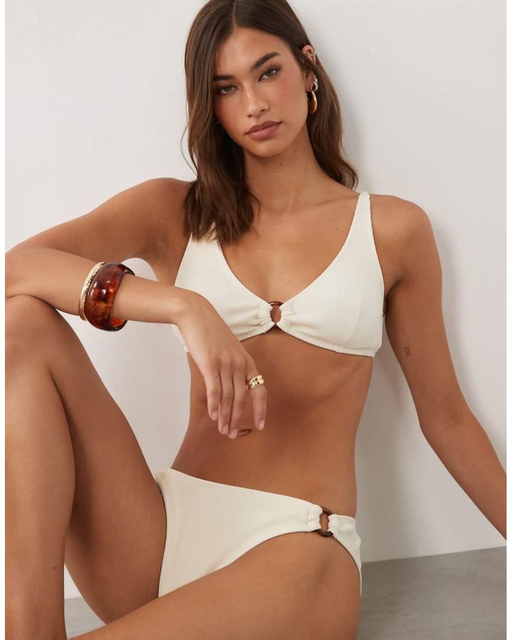 4th & Reckless Natural Crinkle Ring Detail Scoop Neck Bikini Top Co-Ord