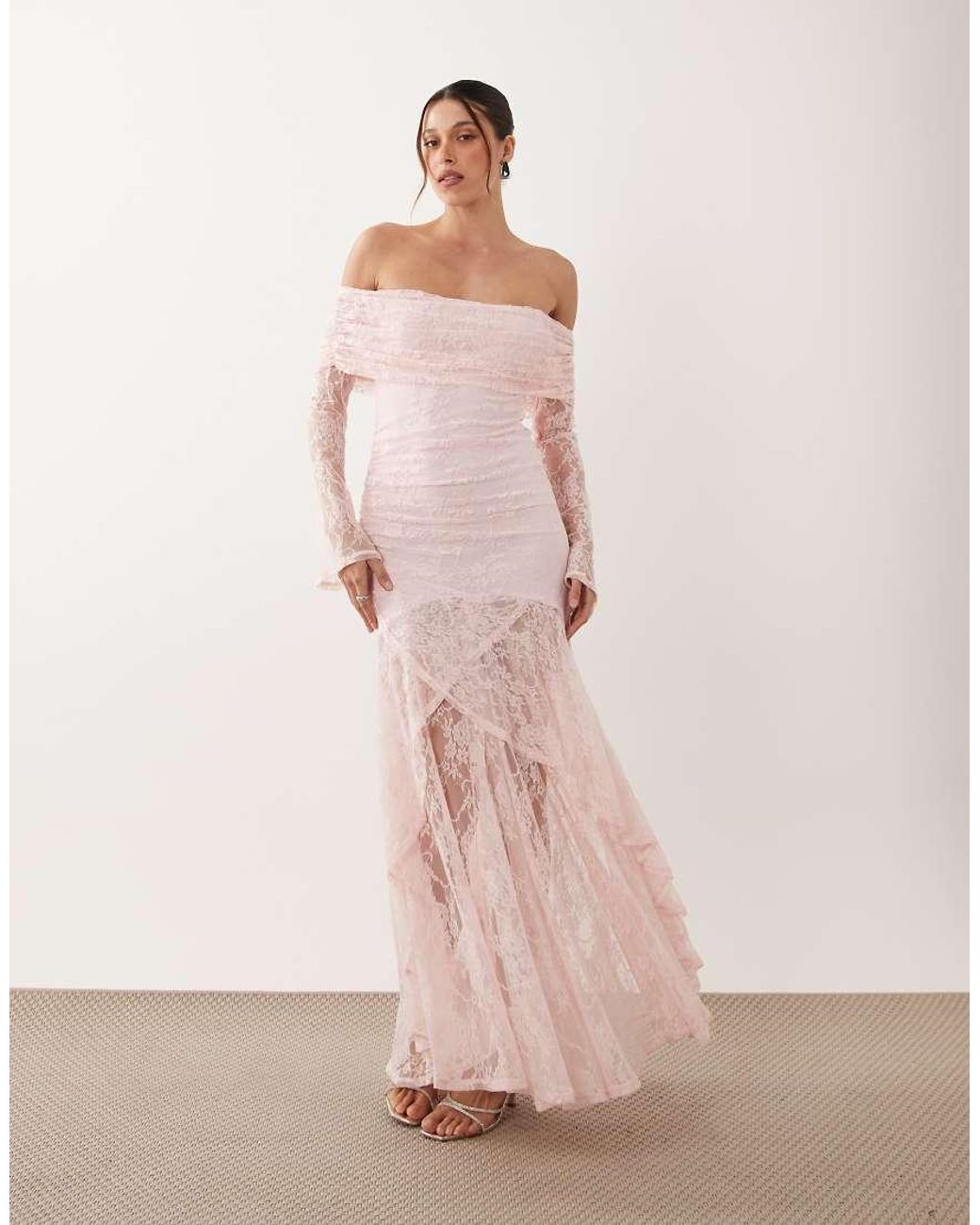 ASOS Pink Lace Off The Shoulder Long Sleeve Maxi Dress