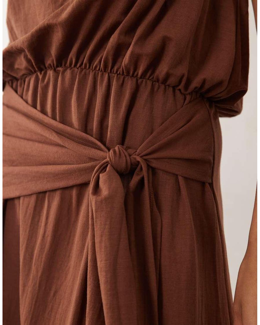 ASOS Brown Linen Look Halter Neck Bubble Hem Maxi Dress