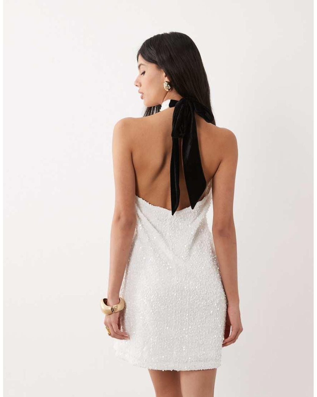 Threadbare White Sequin High Neck Mini Dress With Velvet Bow Detail