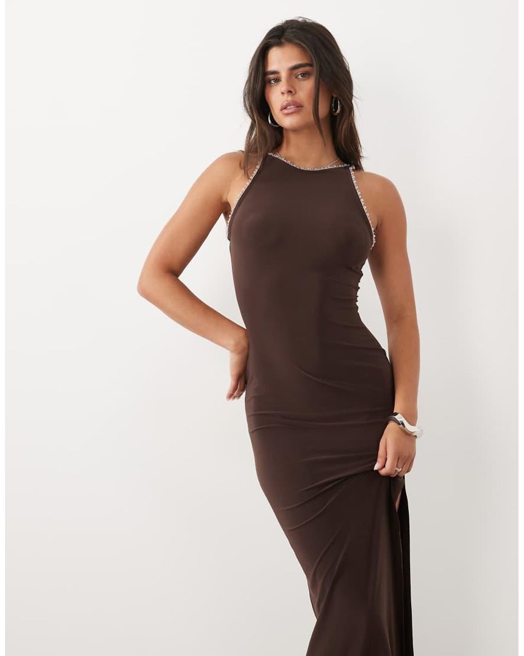 ASOS Brown Racer Maxi Dress With Trim Detail