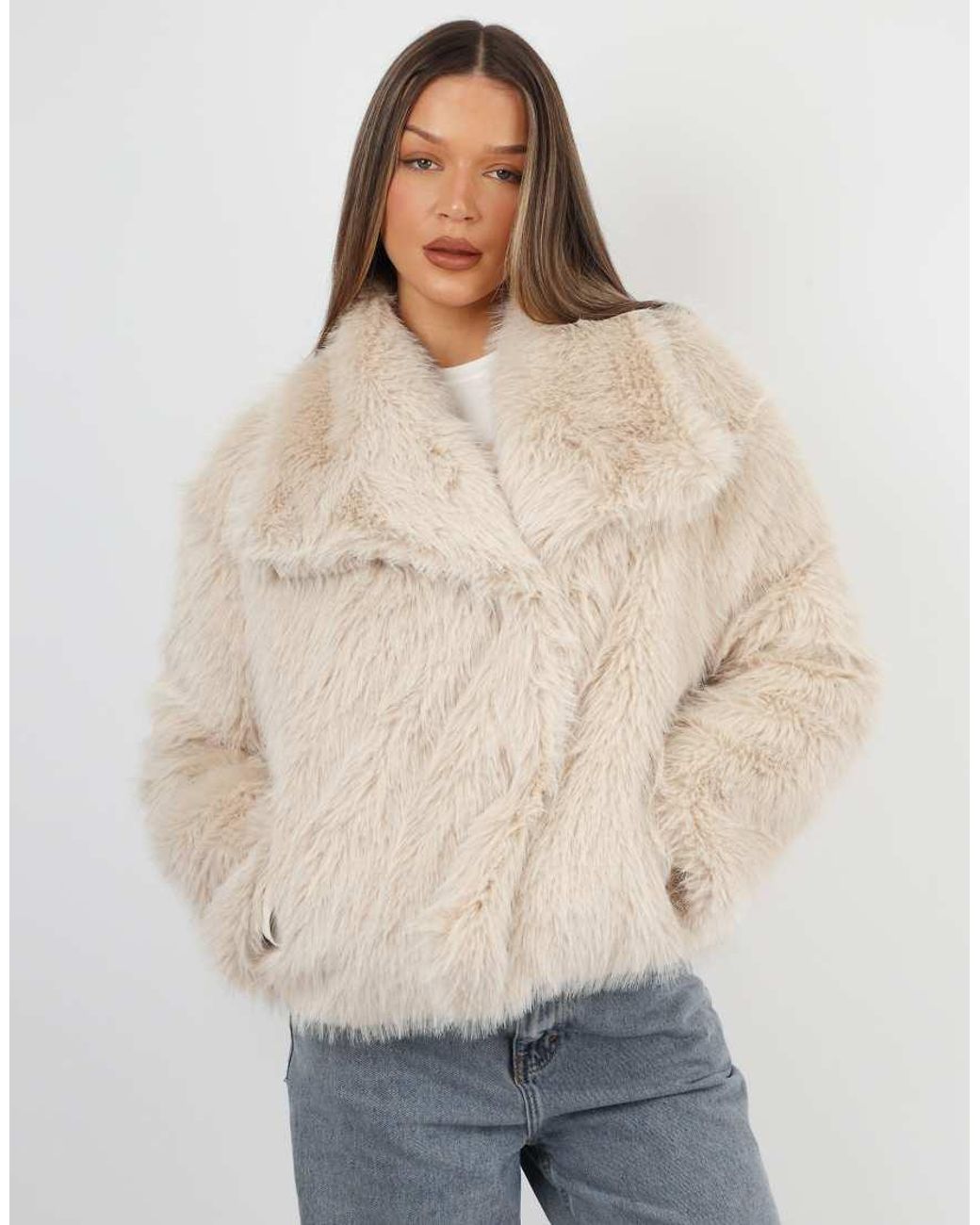SIMMI Natural Arabella Oversized Collar Faux Fur Coat