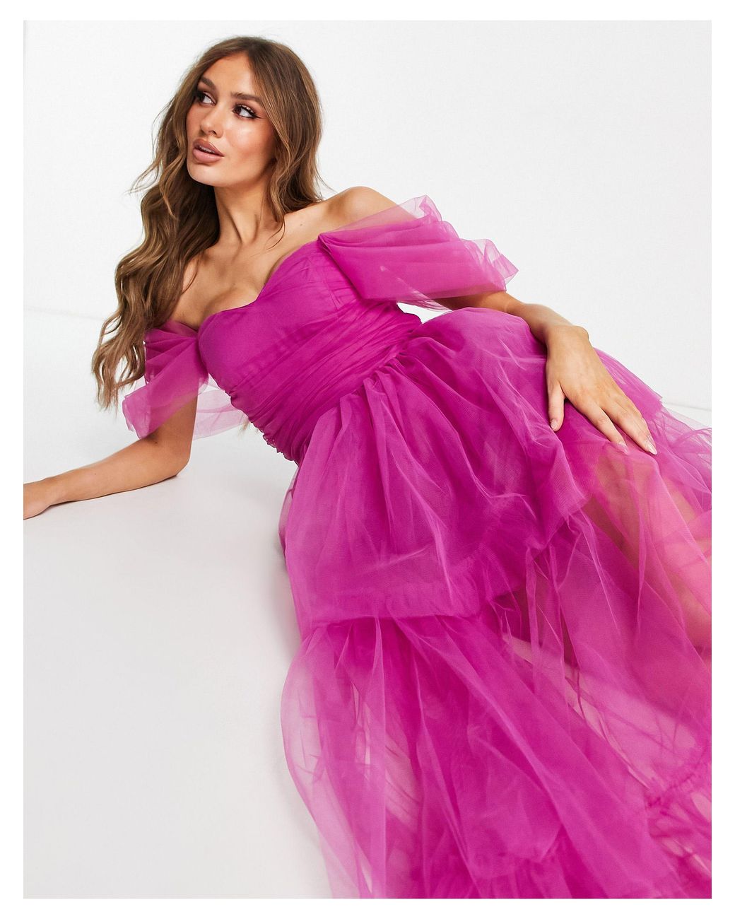 LACE & BEADS Exclusive Off Shoulder Tulle Maxi Dress in Purple | Lyst