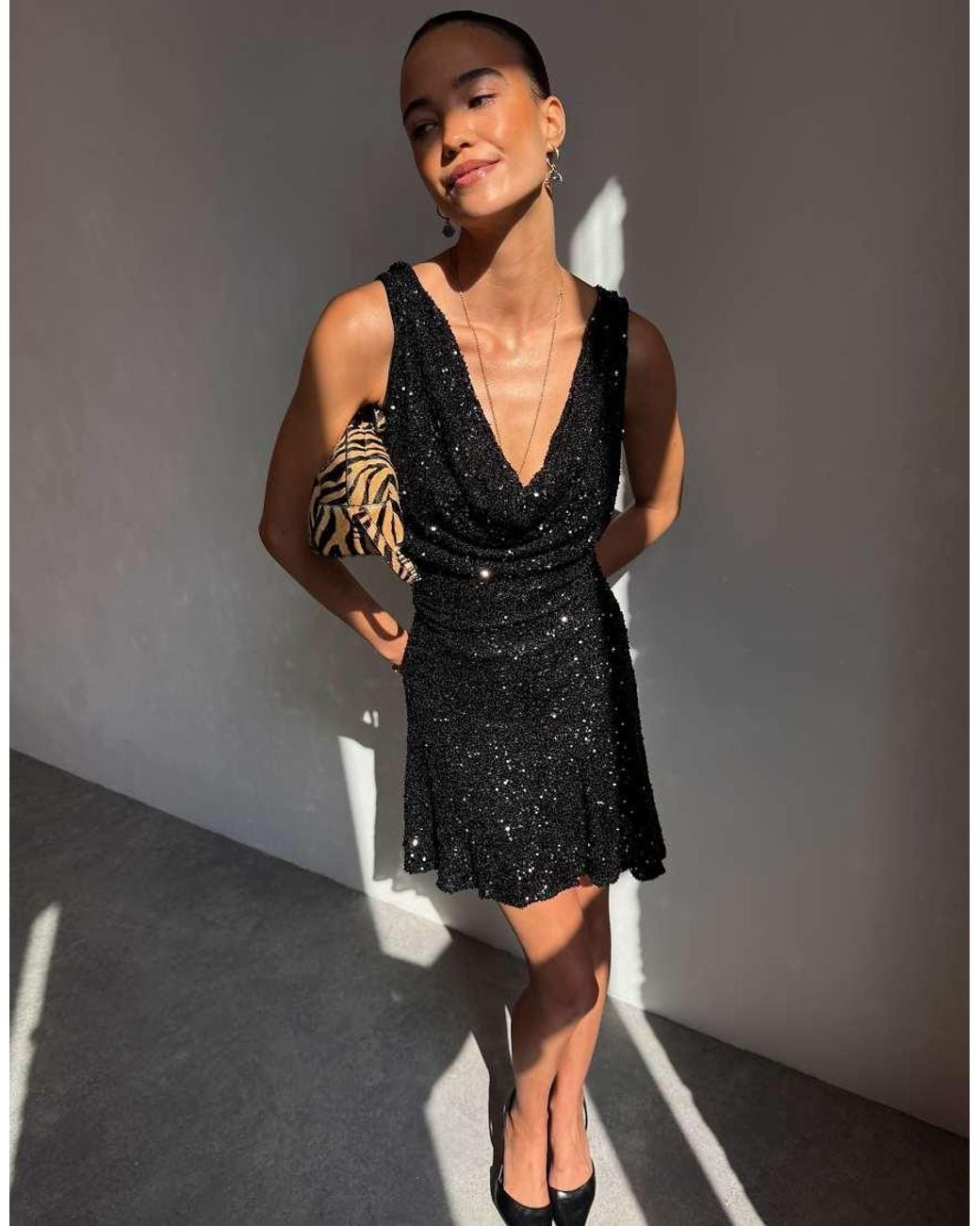 Never Fully Dressed Gray Sophie Sequin Plunge Cowl Neck Scarf Detail Mini Dress