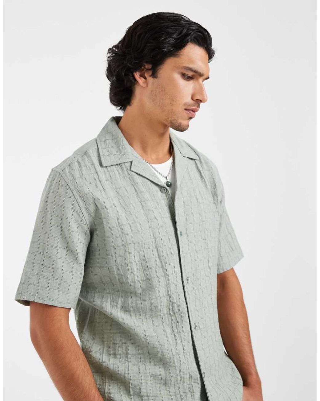 Only & Sons Gray Regular Fit Textured Shirt With Camp Collar for men