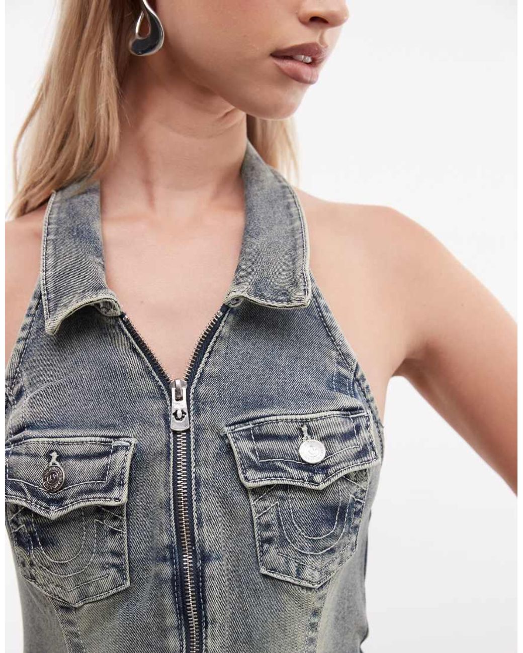 True Religion Multicolor Jennie Denim Zip Up Halterneck Romper