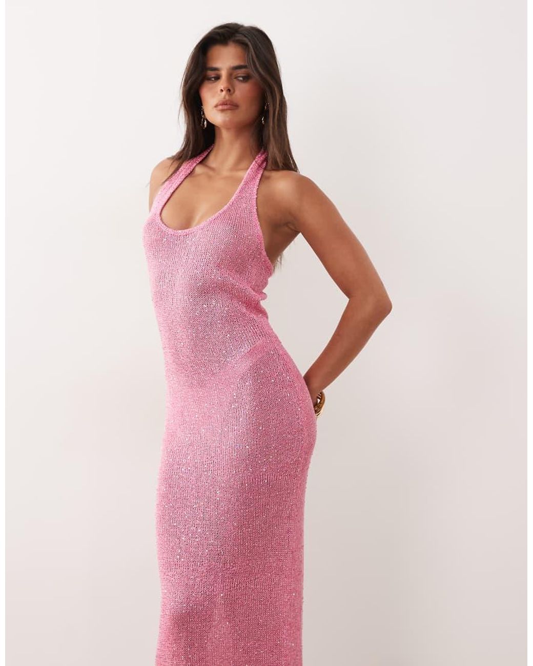 Noughts & Kisses Pink Cotton Blend Halterneck Sparkle Knit Maxi Dress