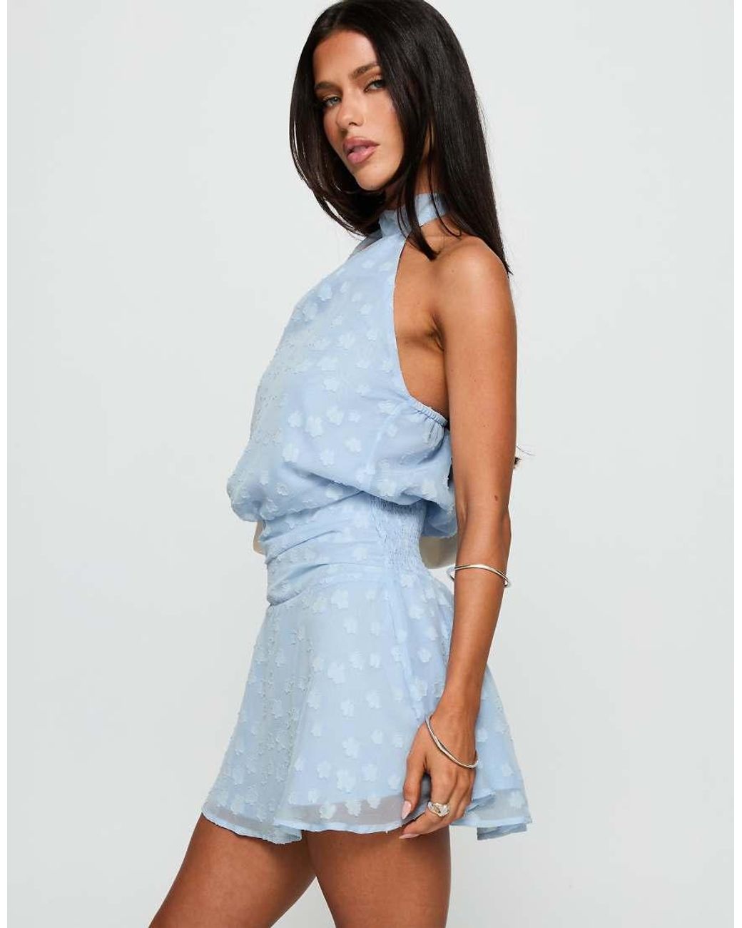 Princess Polly Blue Eurythmic Devore Floral Wrap Scarf Detail Fitted Waist Mini Dress