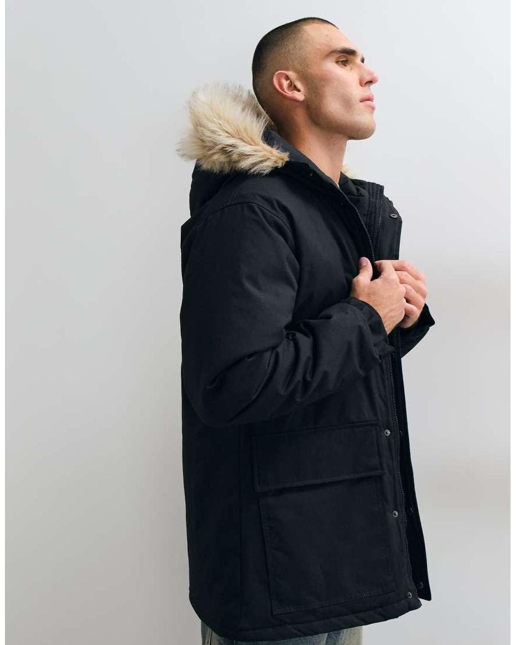 French Connection Blue Faux Fur Hood Detail Padded Parka Jacket for men