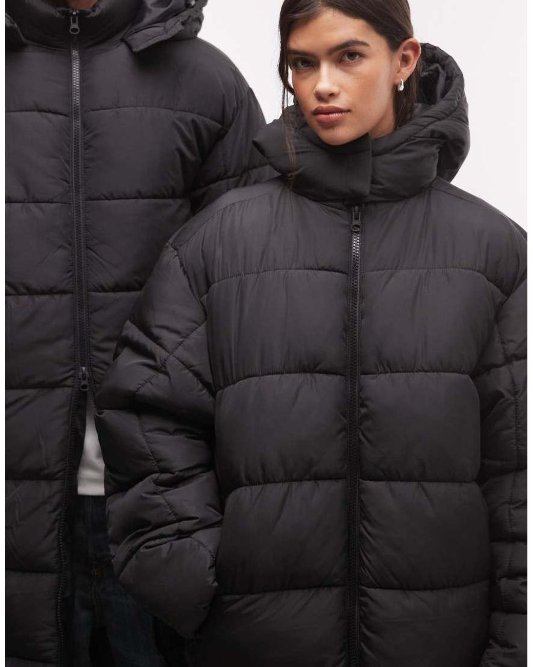 Collusion Black Unisex Longline Hooded Maxi Puffer Coat