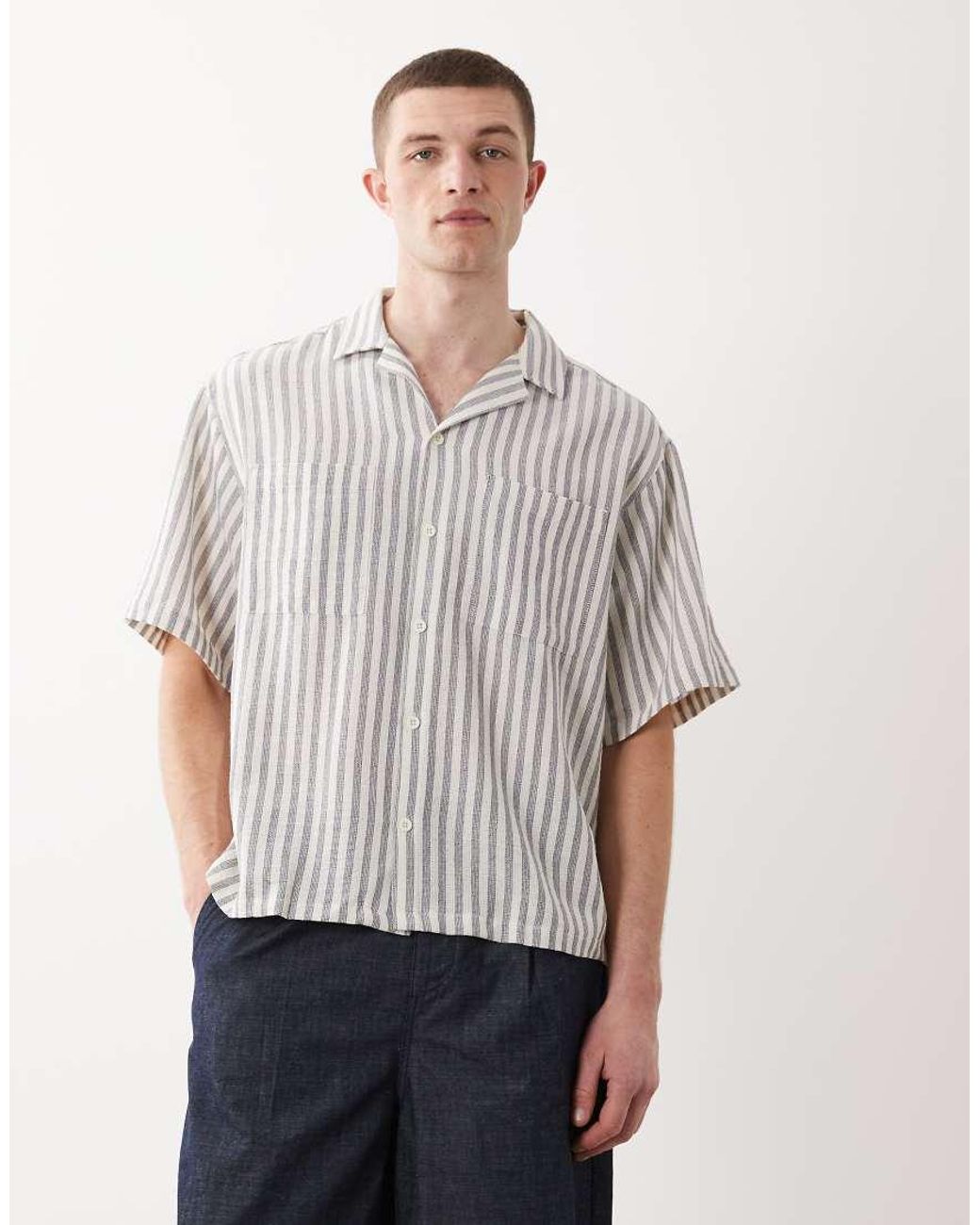 ASOS Gray Boxy Oversized Crochet Stripe Shirt for men