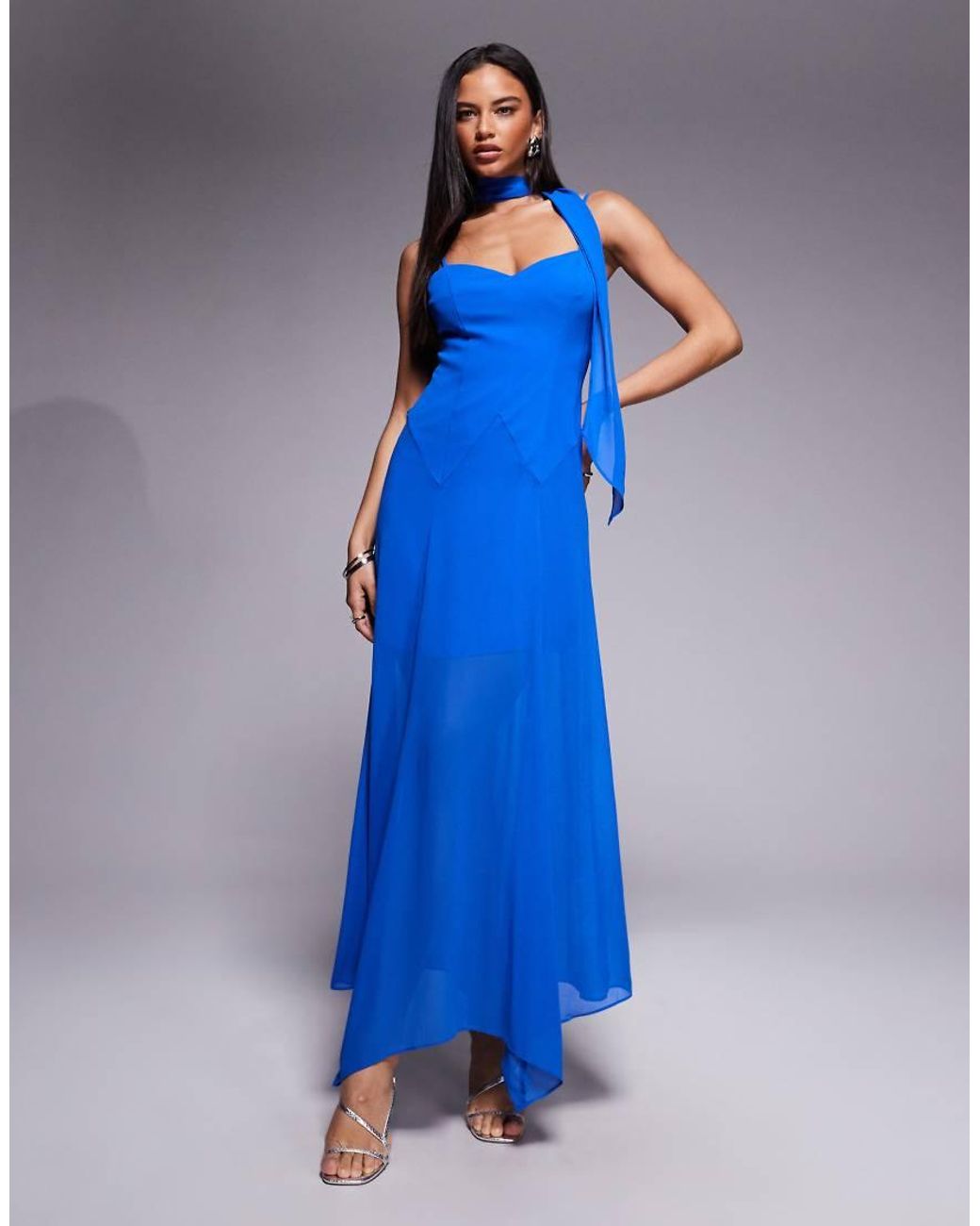 Forever New Blue Scarf Neck Cami Strap Hanky Hem Maxi Dress