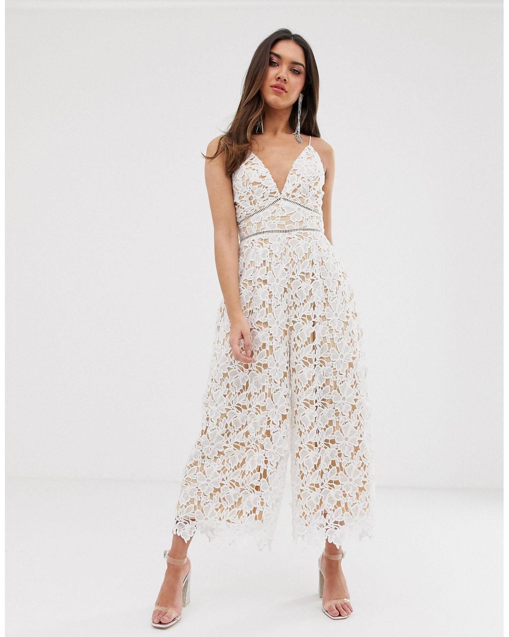 Love Triangle Plunge Front Wide Leg Lace Jumpsuit in White | Lyst