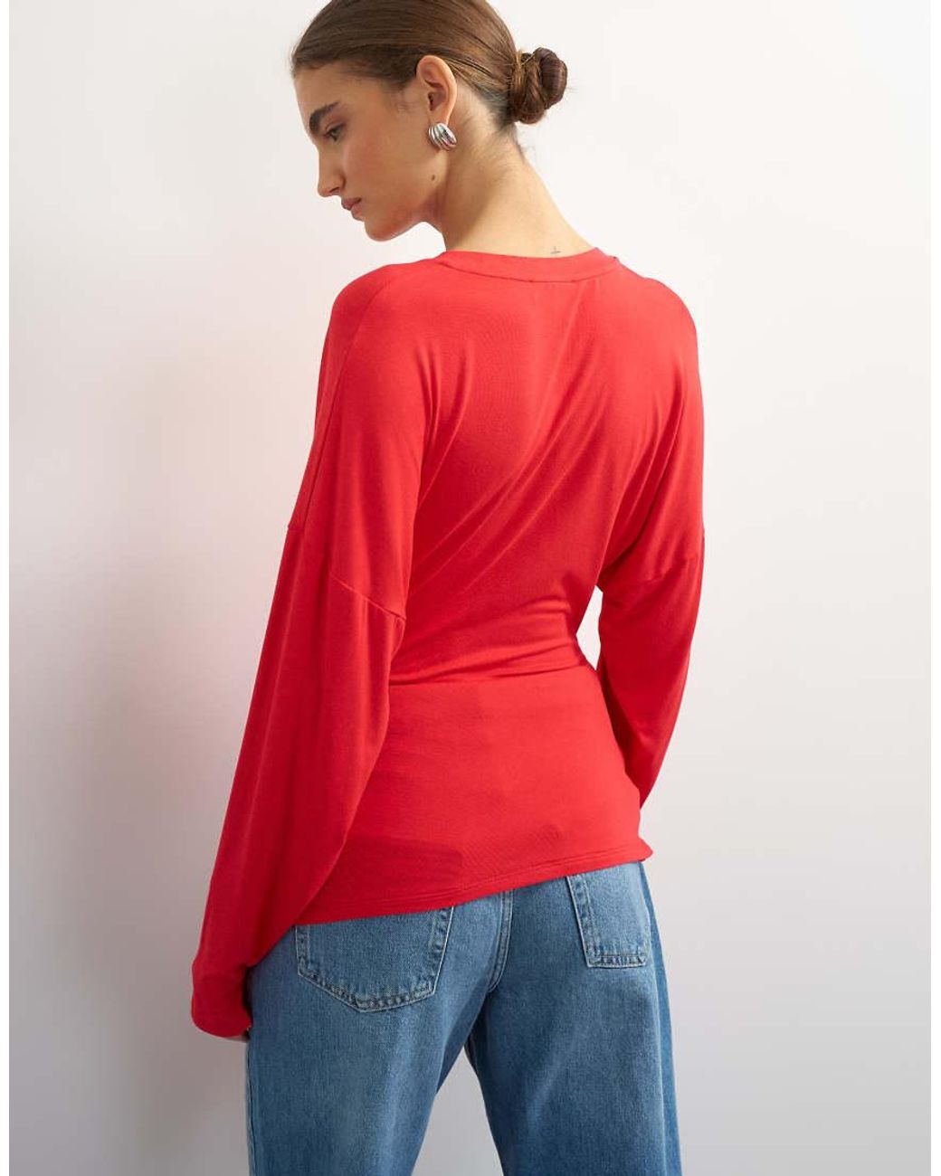 TOPSHOP Red Long Sleeve Knot Front Drapey Top