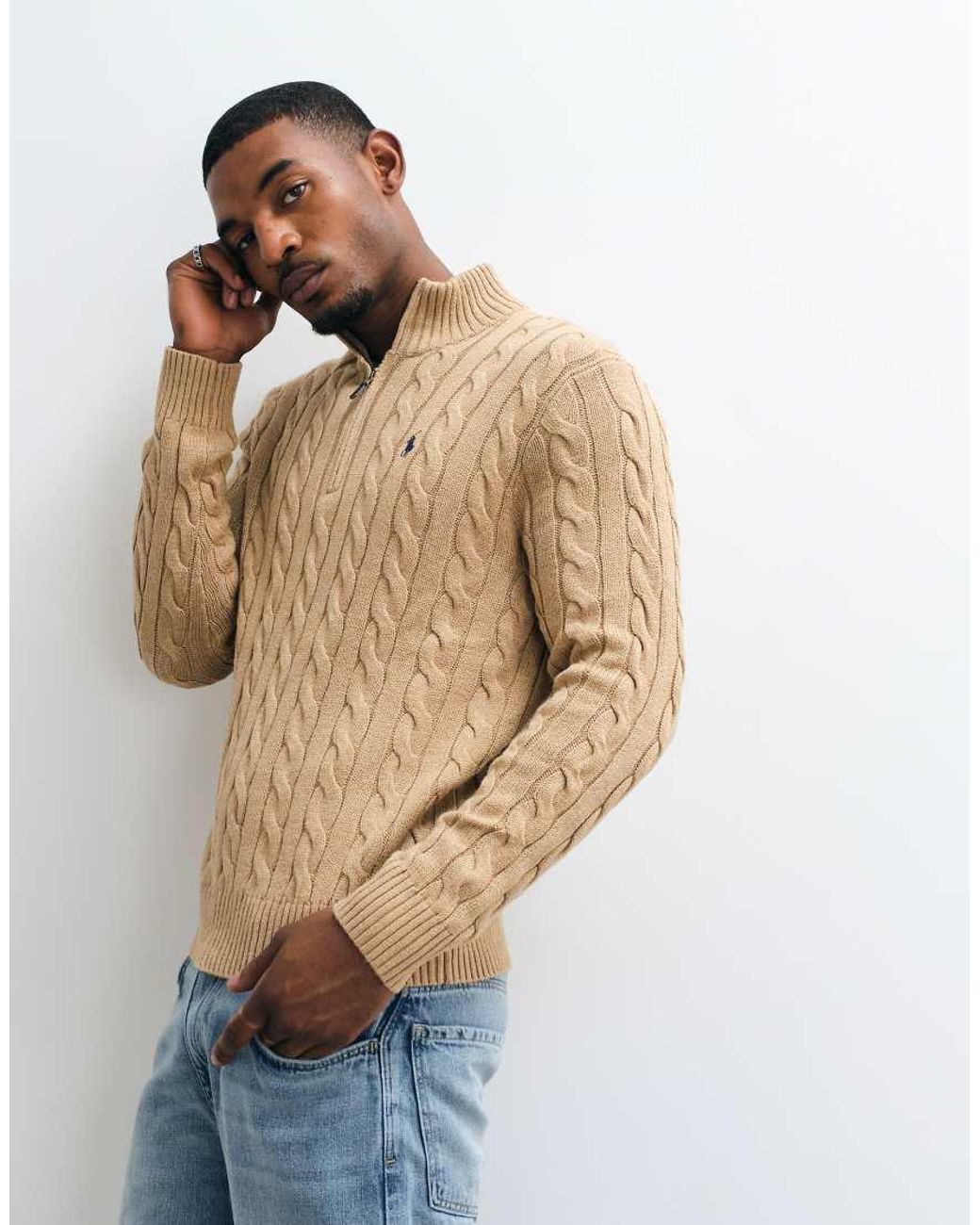 Polo Ralph Lauren Natural Icon Logo Cotton Cable Quarter Zip Sweatshirt for men