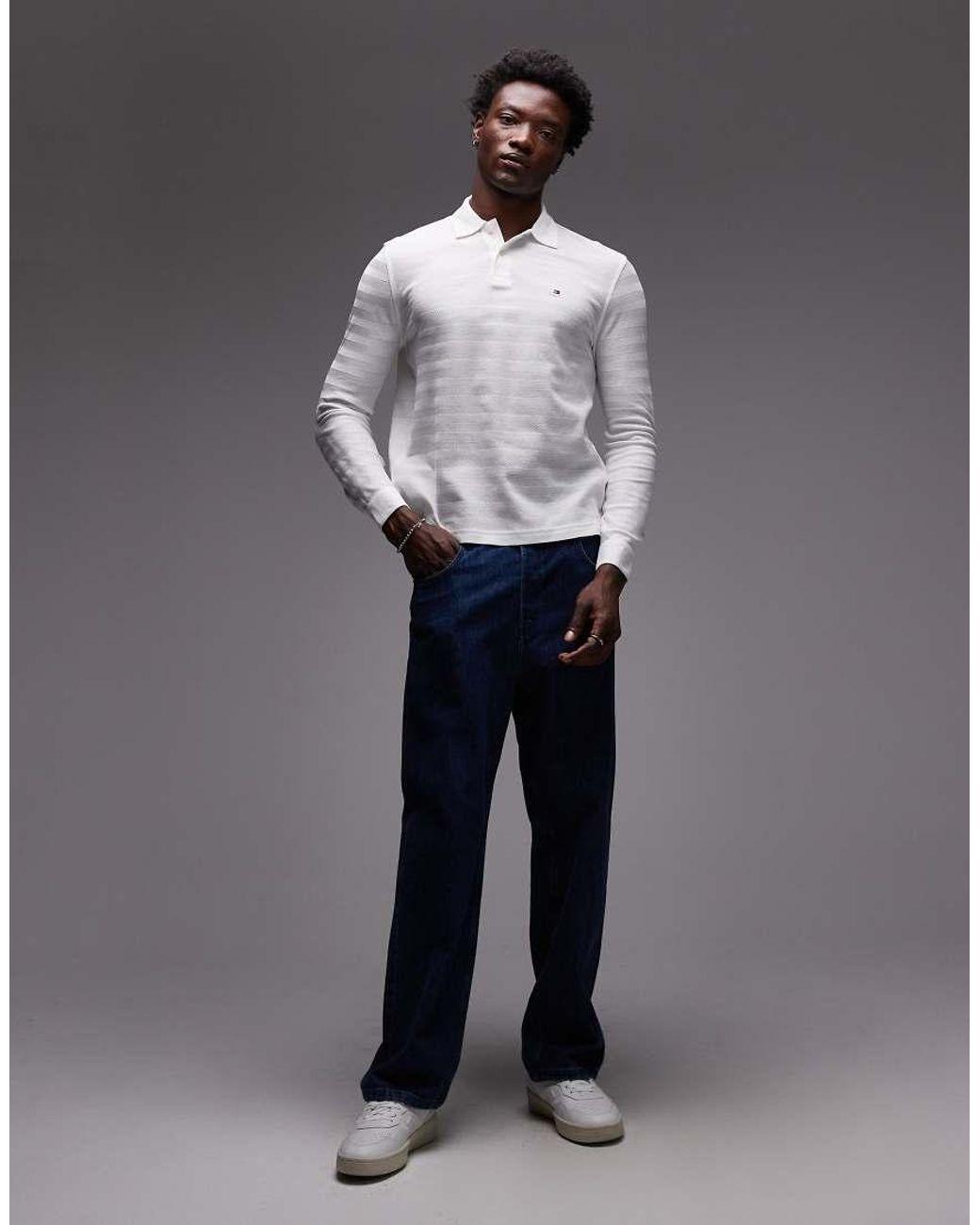 Tommy Hilfiger Gray Long Sleeve Herringbone Texture Polo Shirt for men