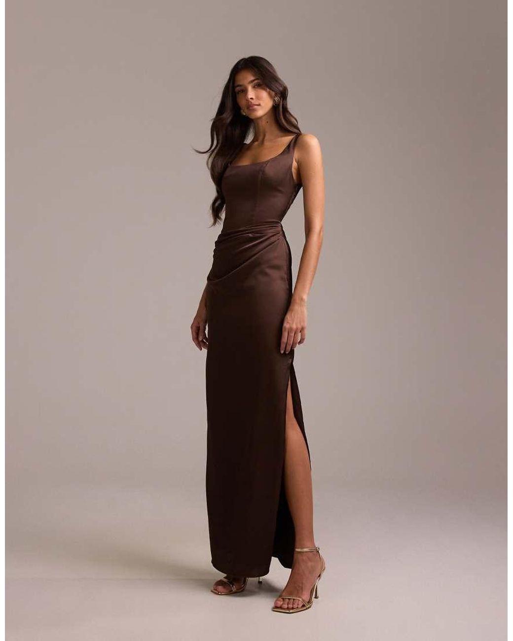ASOS Brown Bridesmaids Square Neck Satin Maxi Dress With Asymmetric Skirt Overlay