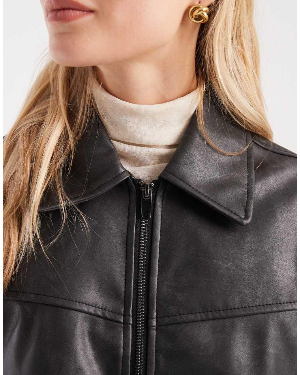 ASOS Black Asos Design Petite Leather Look Top Collar Jacket