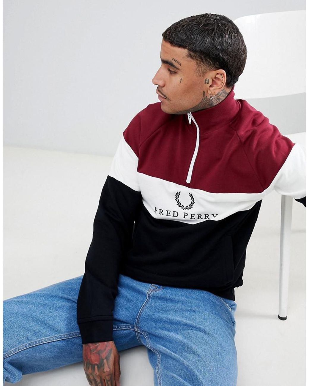 Fred Perry Sports Authentic 90s Logo 1/4 Zip Panel Sweat In Black/burgundy  for Men | Lyst