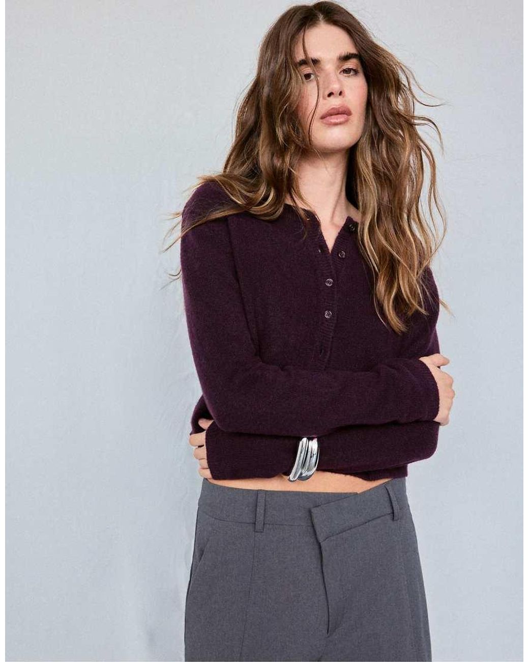 Stradivarius Purple Soft-touch Knit Cardigan With Buttons