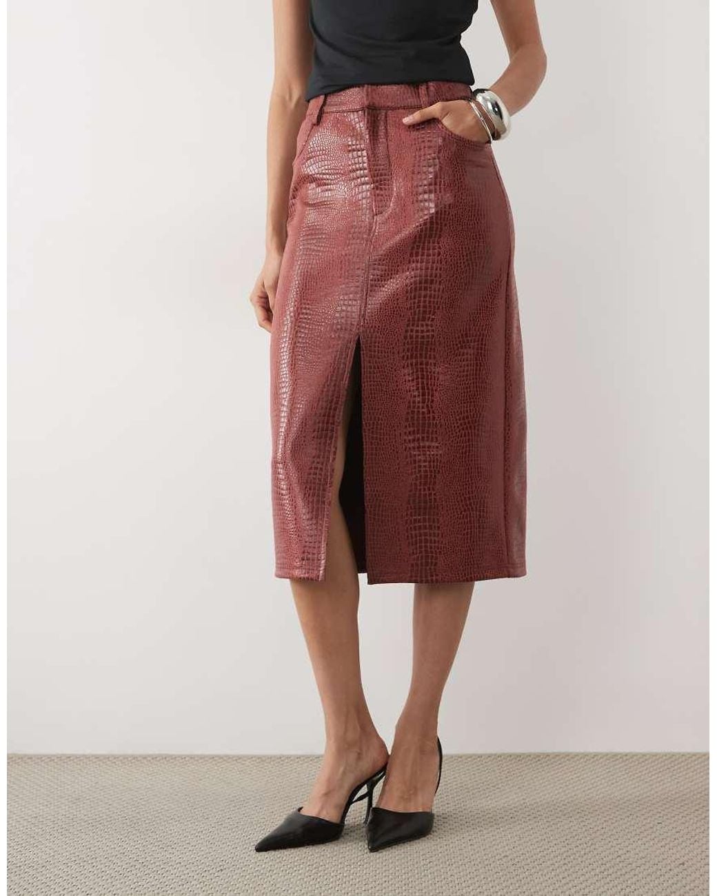 ASOS Red Croc Jersey Leather Look Pencil Skirt