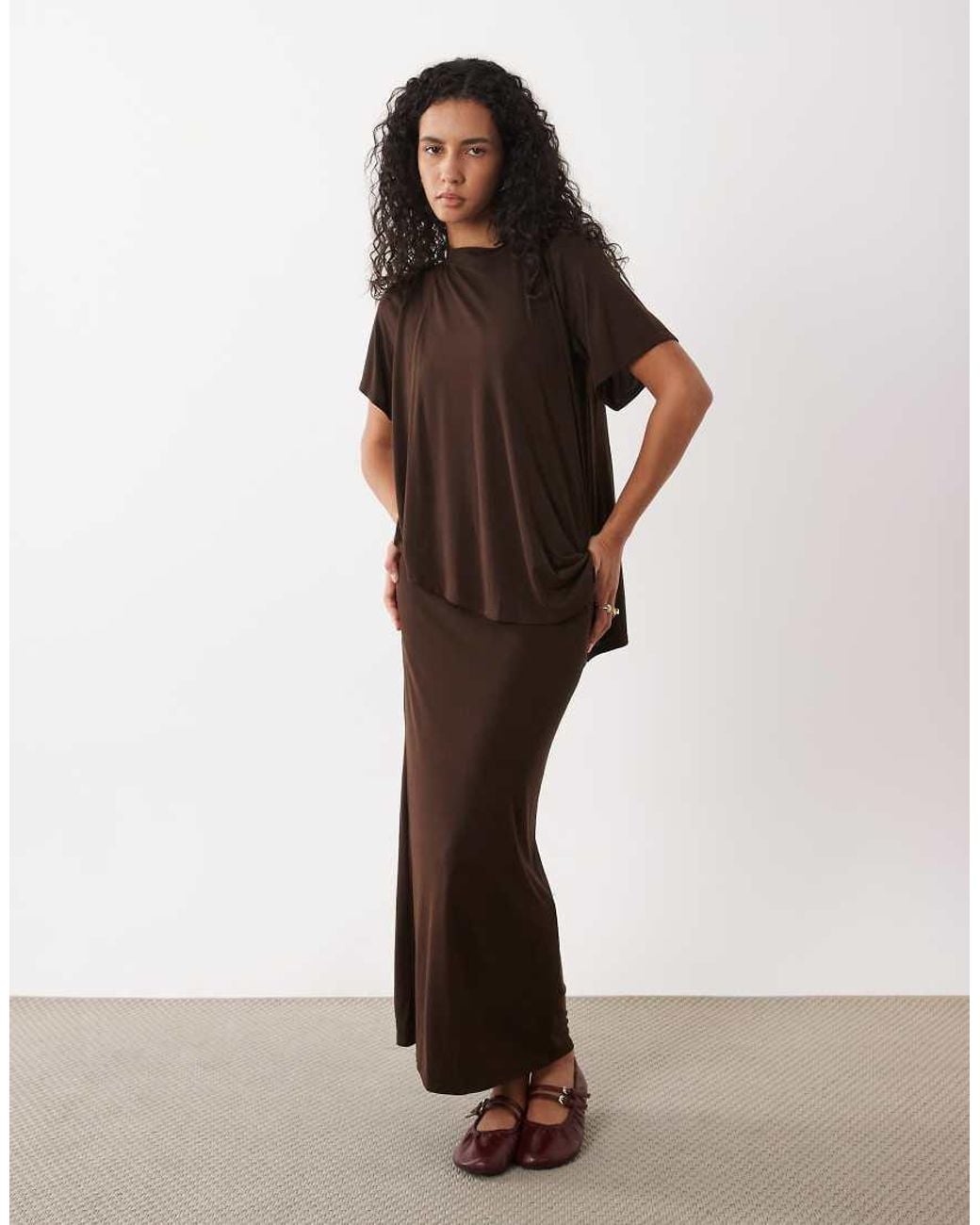 ASOS Brown Modal Short Sleeve Maxi Dress With Cape Layer