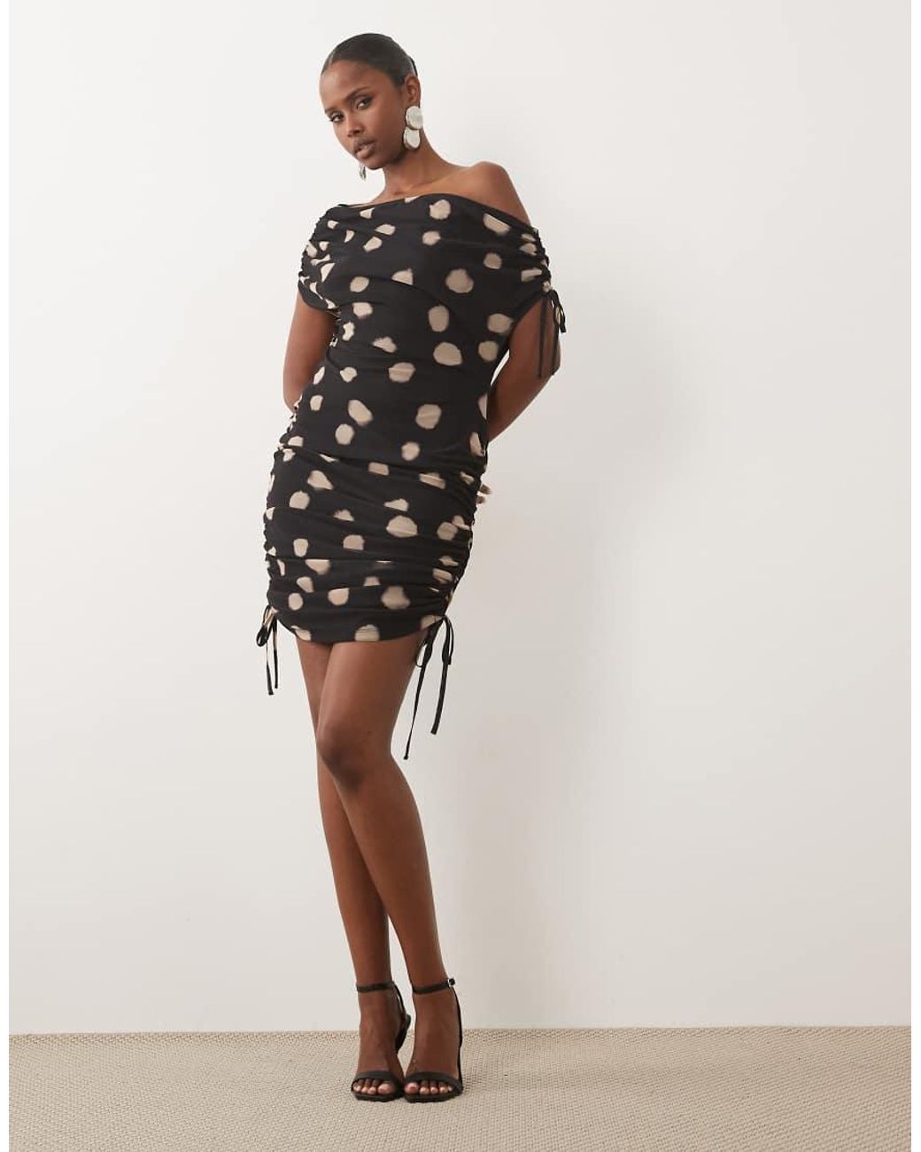 ASOS Multicolor Printed Mesh Asymmetric Ruched Side Detail Mini Dress