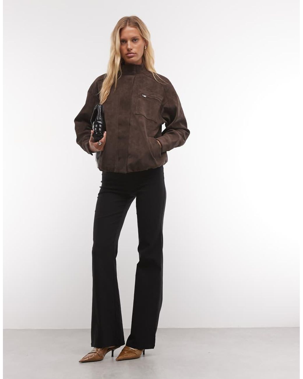 CERNUCCI Brown Faux Suede Funnel Neck Jacket