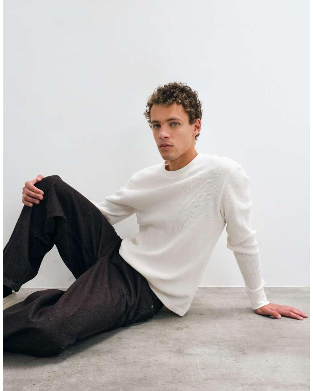 Hollister White Waffle Long Sleeve Crew Neck Top for men